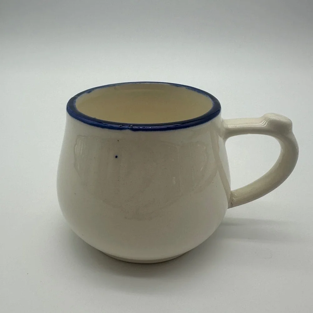 Vintage Ceramic Shaving Cream Mug with Side Brush Pocket Blue Rim Cream Pottery